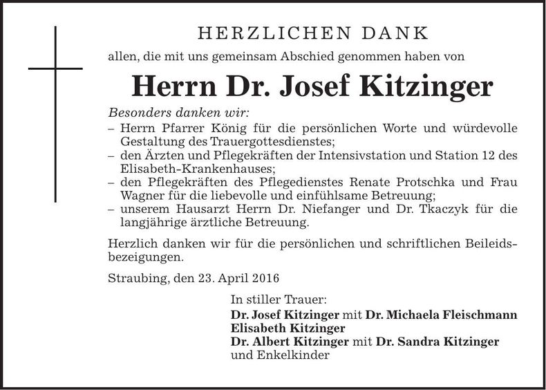 Traueranzeige Dr. Josef Kitzinger