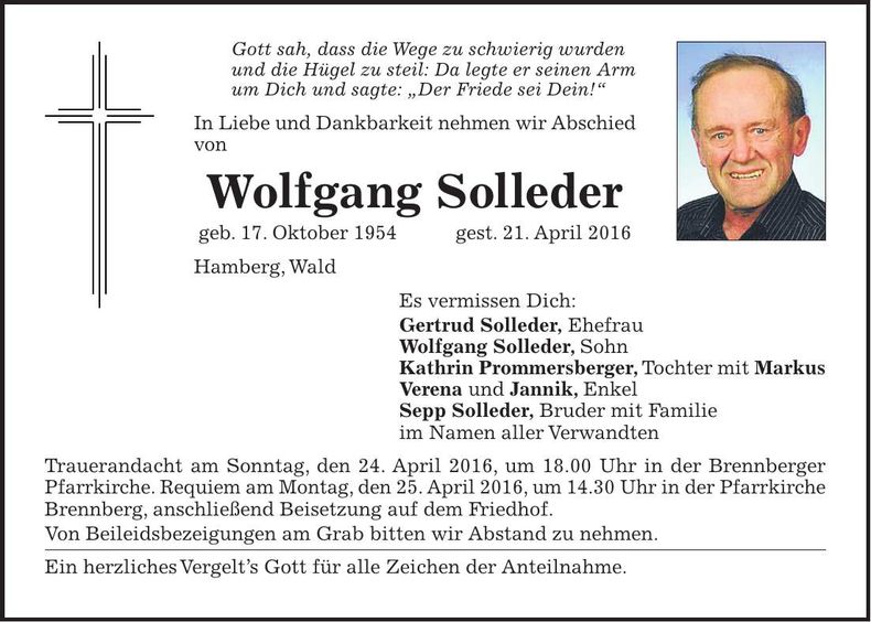 Traueranzeige Wolfgang Solleder