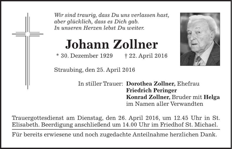 Traueranzeige Johann Zollner