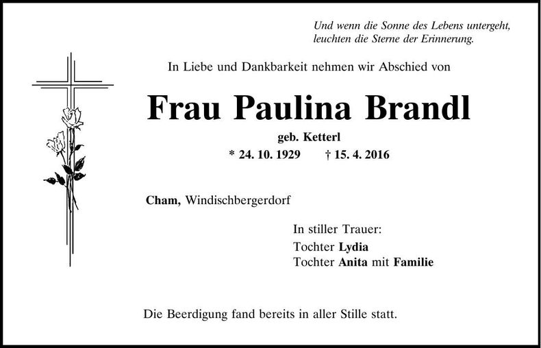 Traueranzeige Paulina Brandl