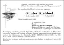 Traueranzeige Günter Krehbiel
