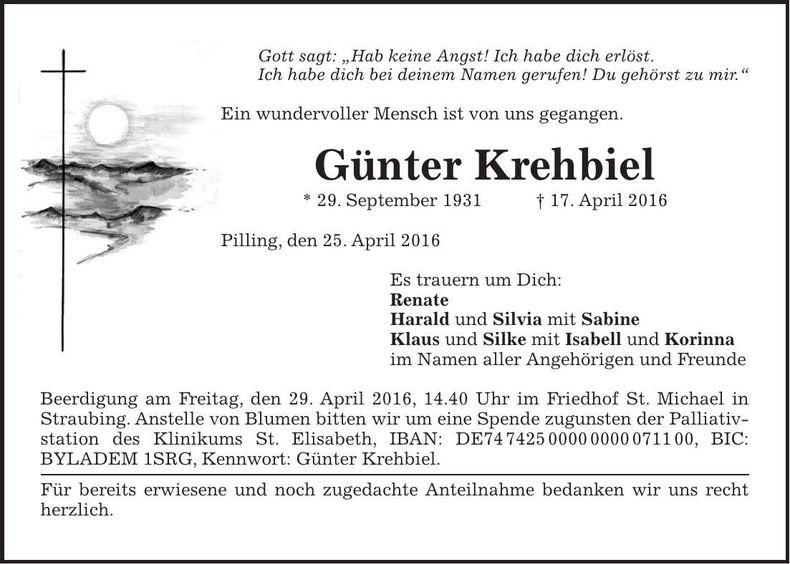 Traueranzeige Günter Krehbiel