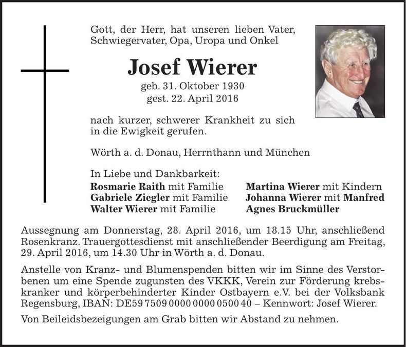 Traueranzeige Josef Wierer