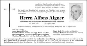 Traueranzeige Alfons Aigner