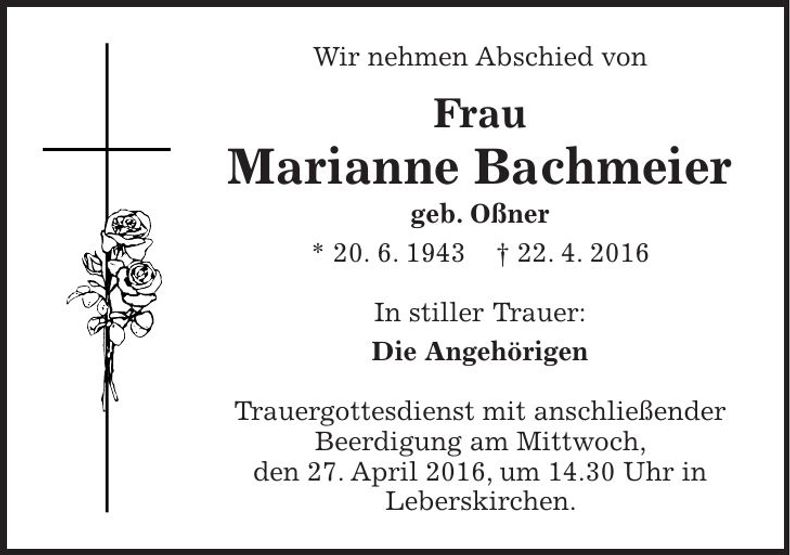 Traueranzeige Marianne Bachmeier