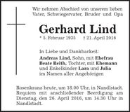 Traueranzeige Gerhard Lind