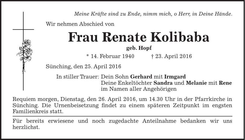 Traueranzeige Renate Kolibaba