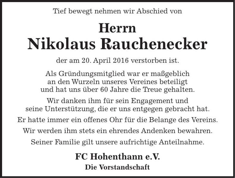 Traueranzeige Nikolaus Rauchenecker