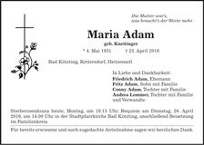 Traueranzeige Maria Adam