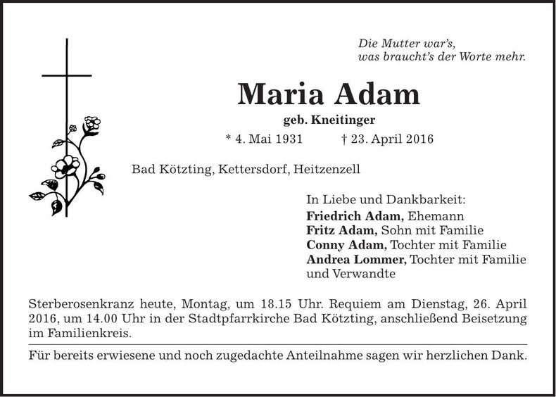 Traueranzeige Maria Adam