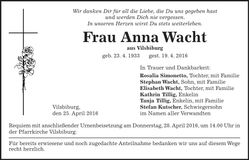 Traueranzeige Anna Wacht