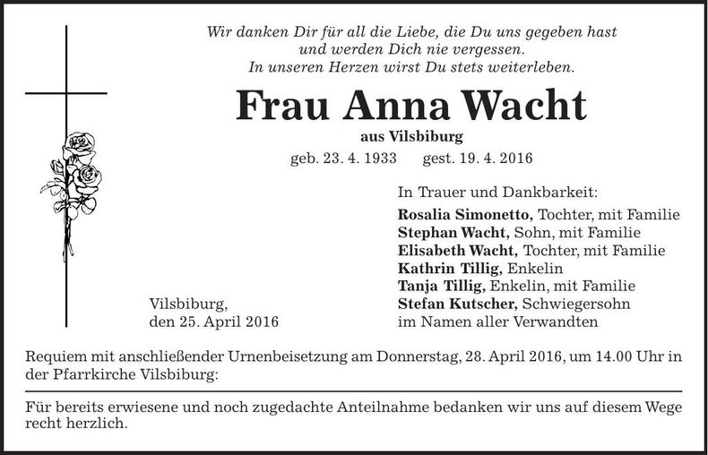 Traueranzeige Anna Wacht