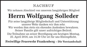 Traueranzeige Wolfgang Solleder