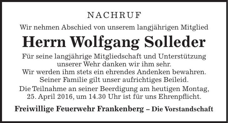 Traueranzeige Wolfgang Solleder