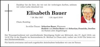 Traueranzeige Elisabeth Bauer