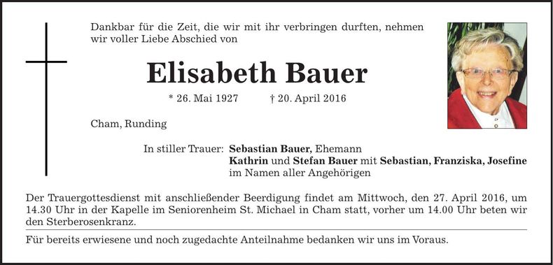 Traueranzeige Elisabeth Bauer