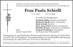 Traueranzeige Paula Schießl