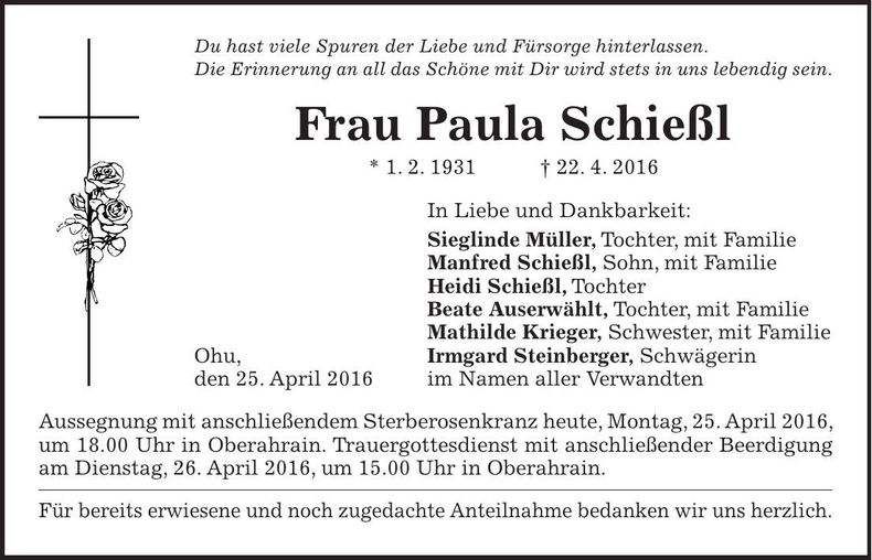 Traueranzeige Paula Schießl