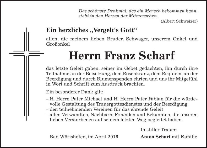 Traueranzeige Franz Scharf