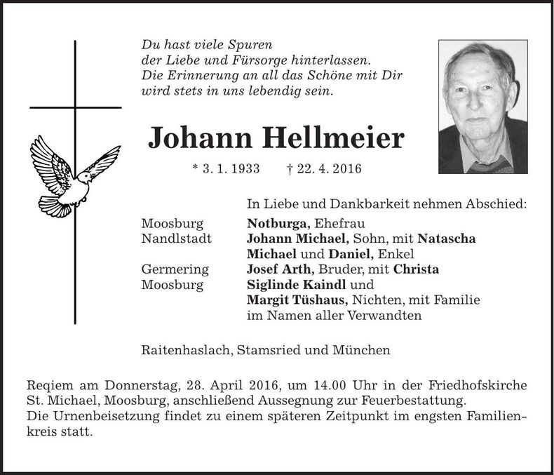 Traueranzeige Johann Hellmeier
