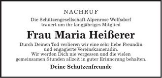 Traueranzeige Maria Heißerer