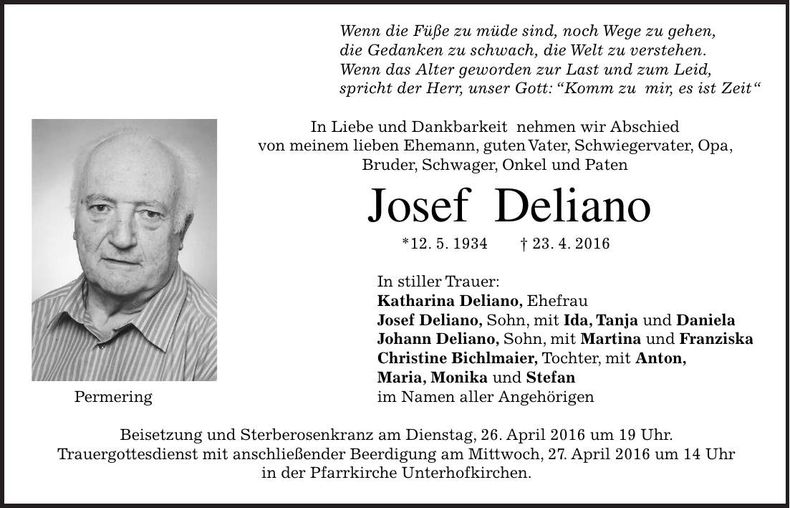 Traueranzeige Josef Deliano
