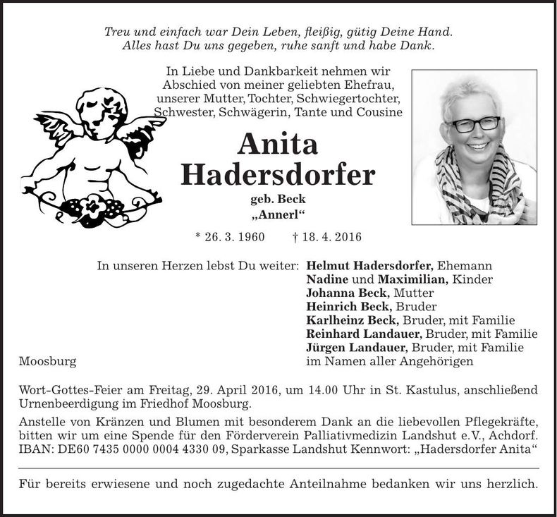 Traueranzeige Anita Hadersdorfer