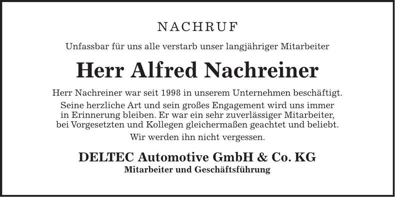 Traueranzeige Alfred Nachreiner