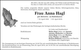 Traueranzeige Anna Hagl