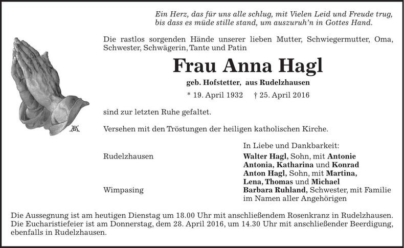 Traueranzeige Anna Hagl