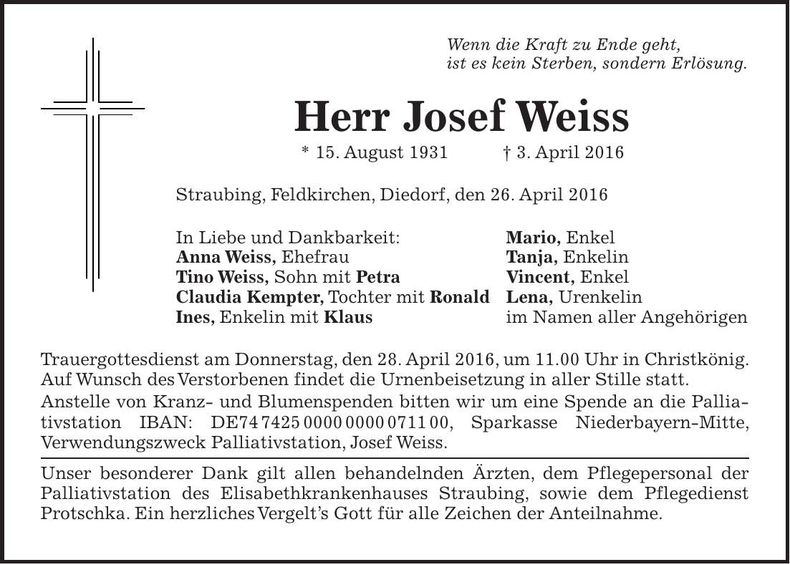 Traueranzeige Josef Weiss