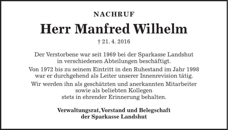 Traueranzeige Manfred Wilhelm