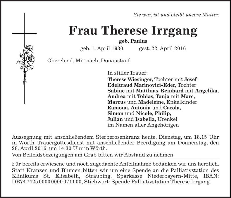 Traueranzeige Therese Irrgang
