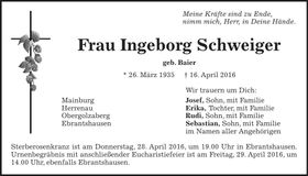 Traueranzeige Ingeborg Schweiger