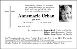 Traueranzeige Annemarie Urban