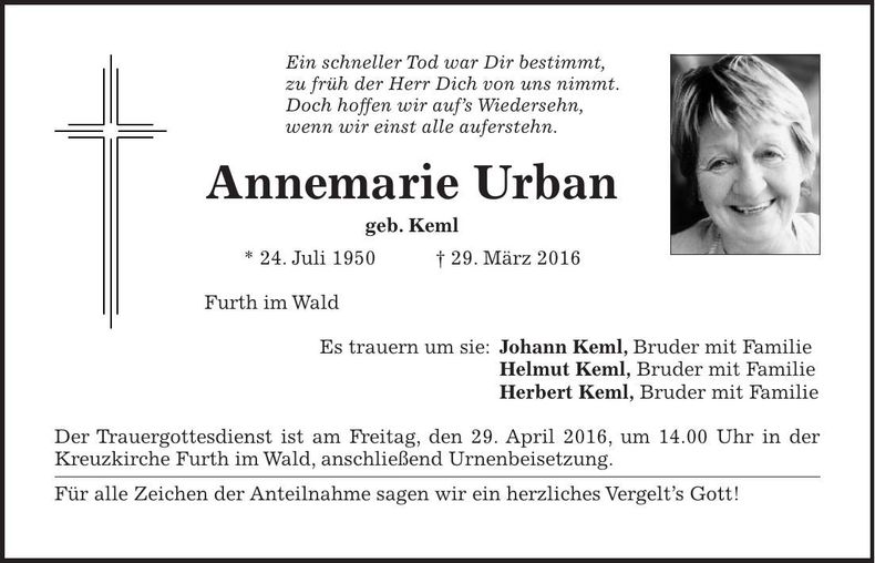 Traueranzeige Annemarie Urban