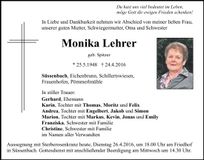Traueranzeige Monika Lehrer