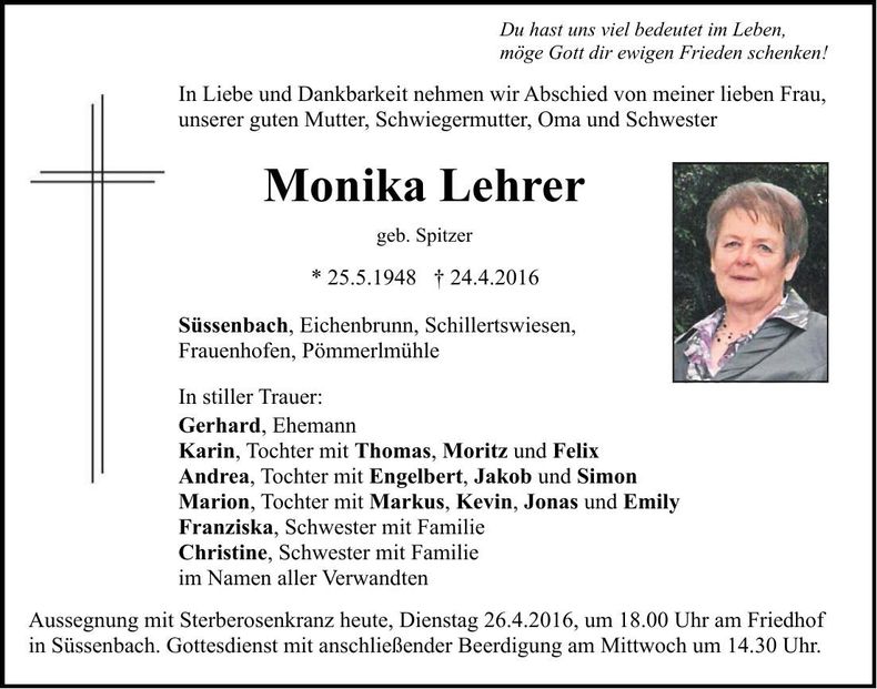 Traueranzeige Monika Lehrer