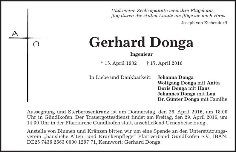Traueranzeige Gerhard Donga