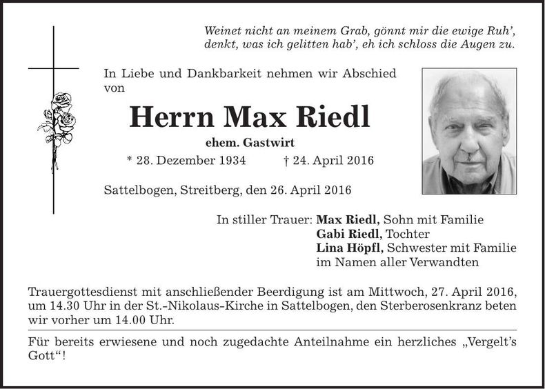 Traueranzeige Max Riedl