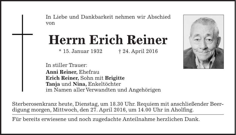 Traueranzeige Erich Reiner