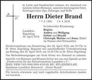 Traueranzeige Dieter Brand