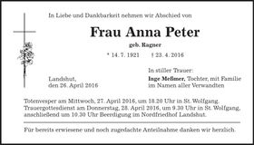 Traueranzeige Anna Peter