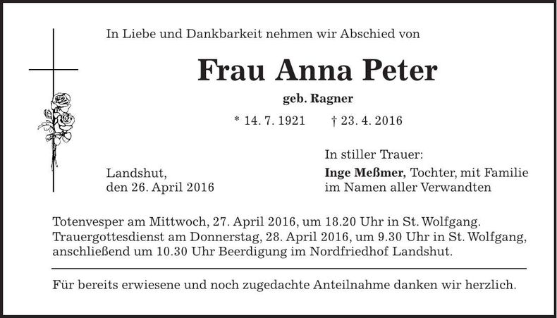 Traueranzeige Anna Peter