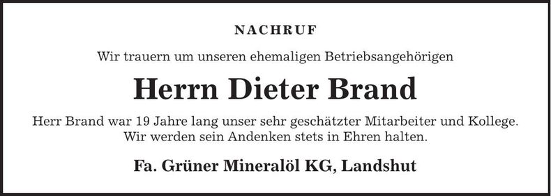 Traueranzeige Dieter Brand