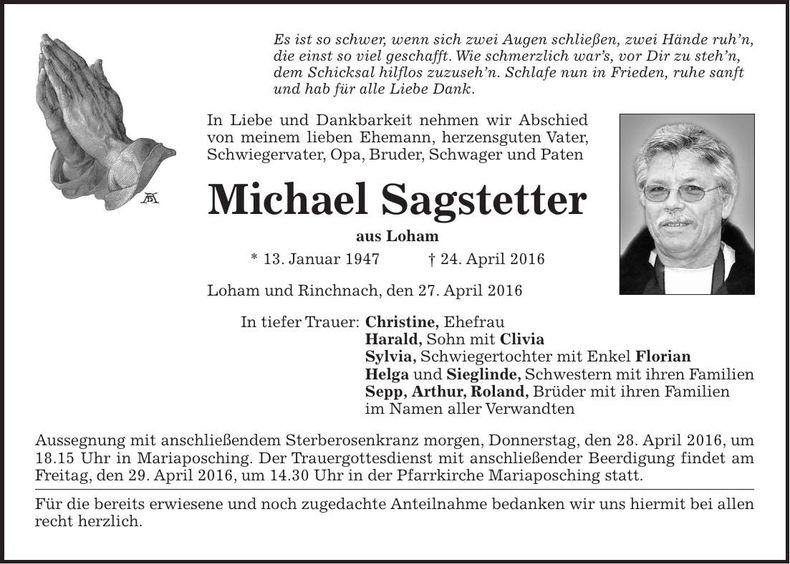 Traueranzeige Michael Sagstetter