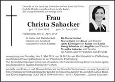 Traueranzeige Christa Sahacker