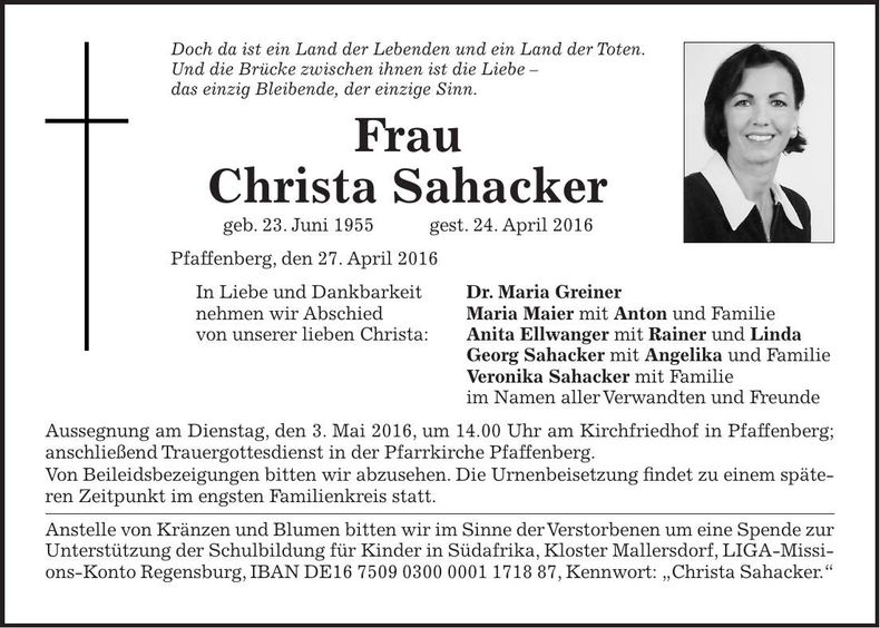 Traueranzeige Christa Sahacker