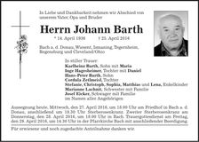 Traueranzeige Johann Barth