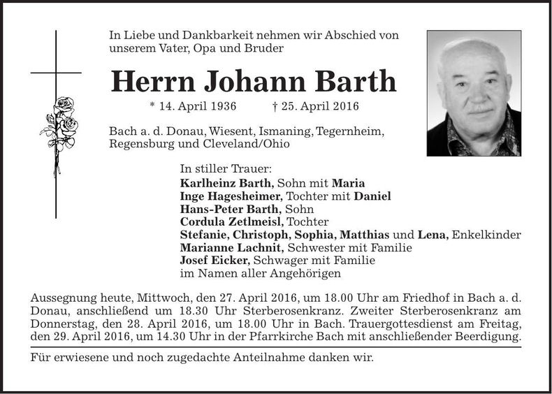 Traueranzeige Johann Barth
